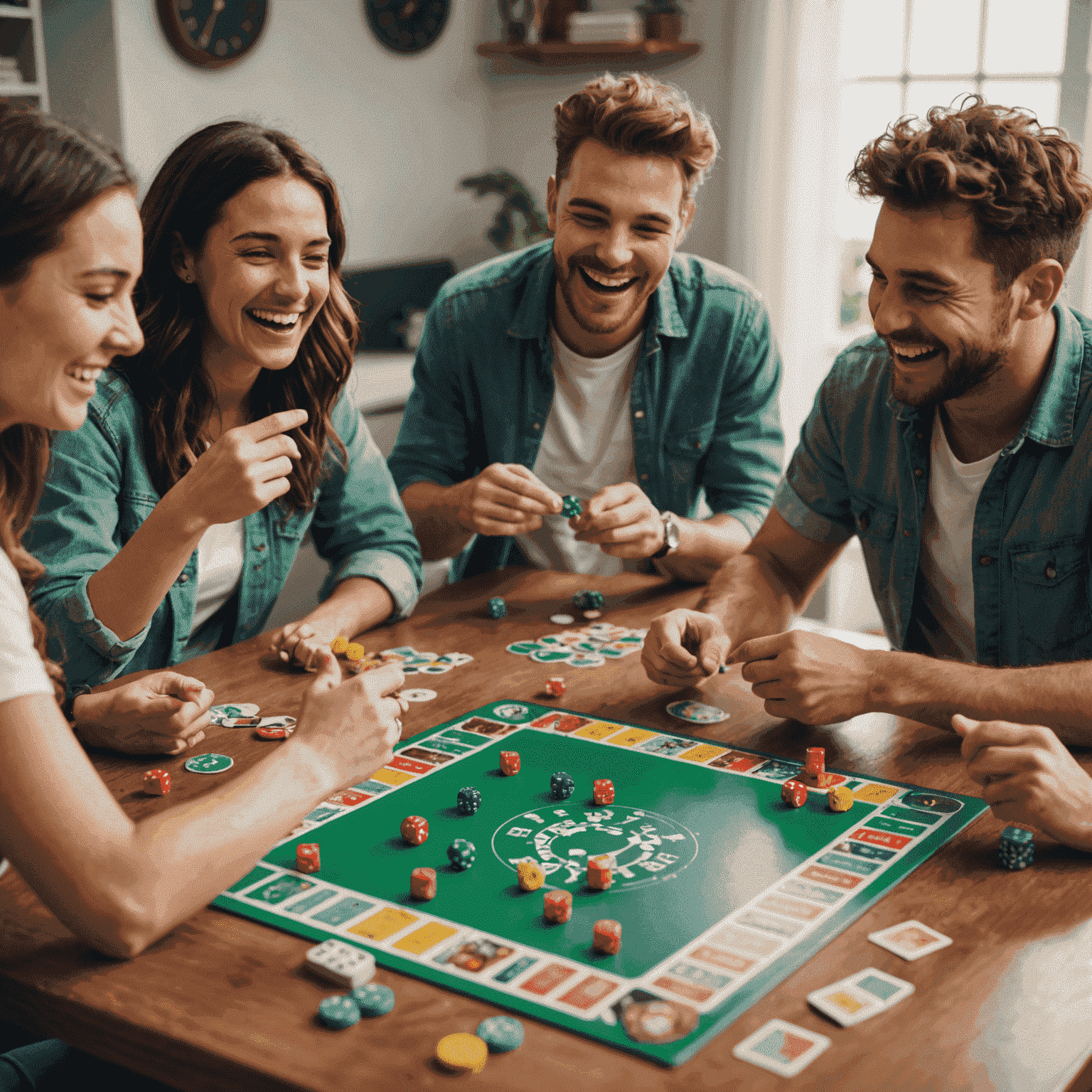 Un groupe d'amis jouant à un jeu de société autour d'une table, riant et s'amusant. On peut voir des pions colorés, des dés et des cartes sur la table.