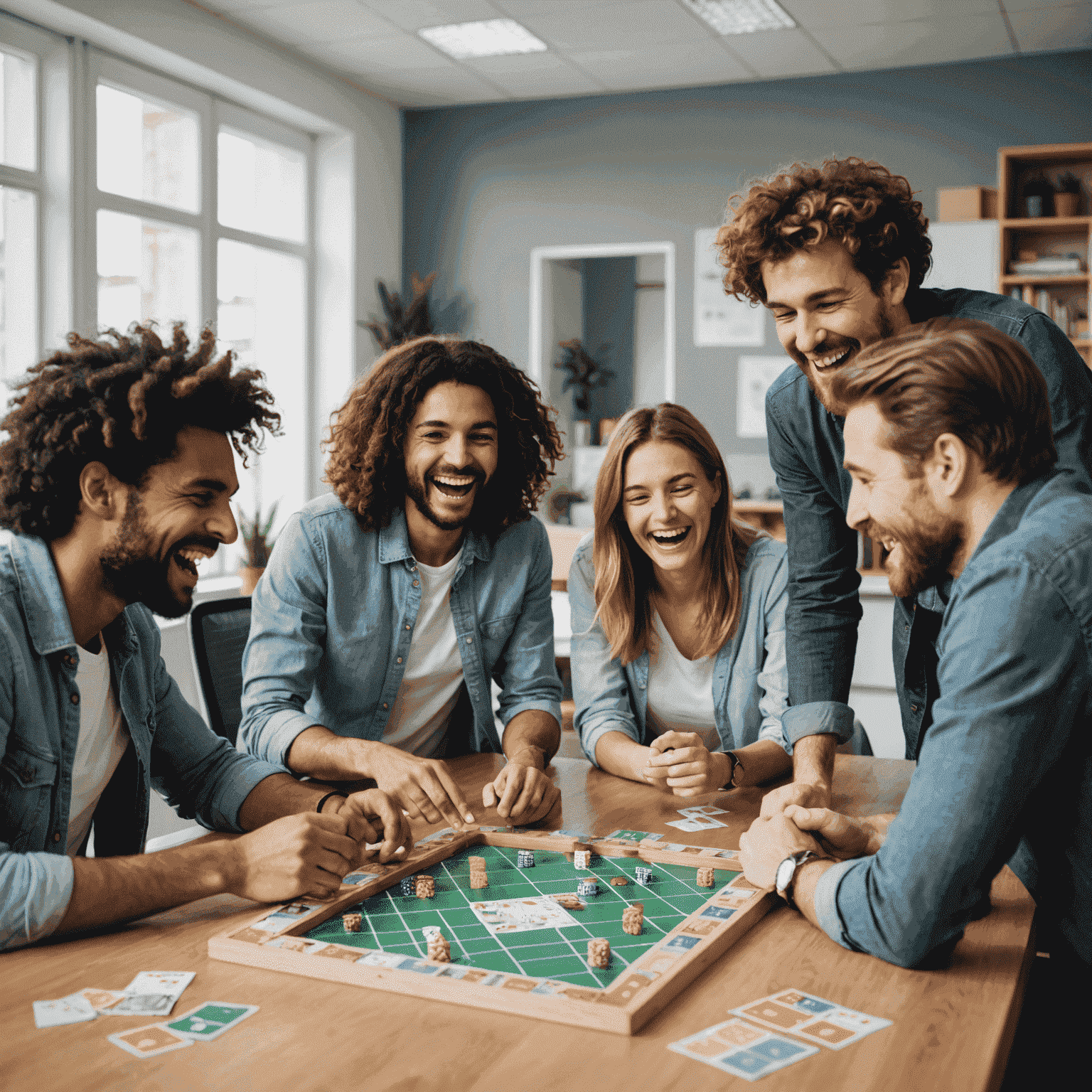 Un groupe d'amis jouant à un jeu de société rapide dans un bureau français moderne, avec des expressions joyeuses et des rires