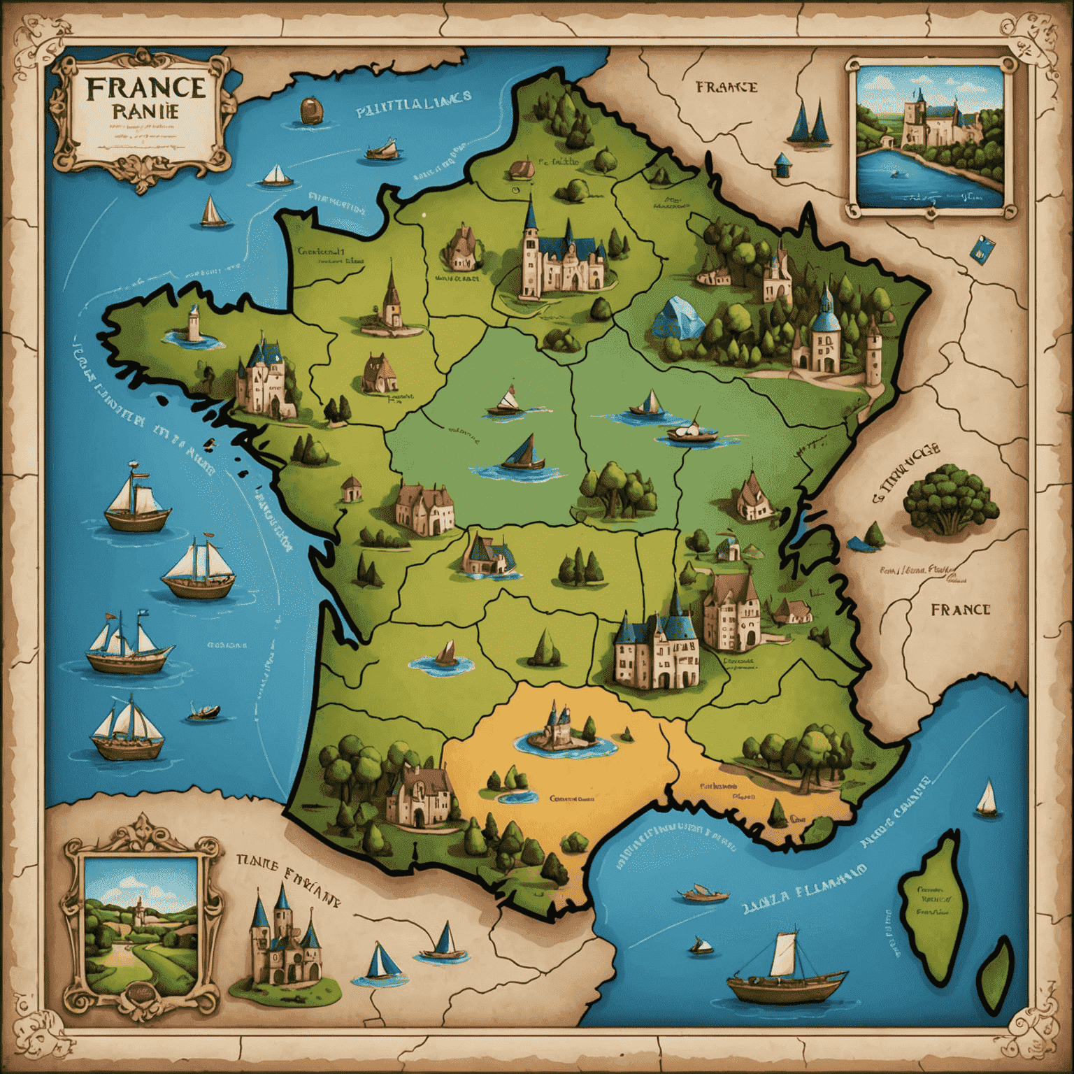 Un plateau de jeu représentant une carte de France stylisée avec des pions colorés placés sur différentes régions. Le plateau est entouré de cartes illustrant des monuments français emblématiques.