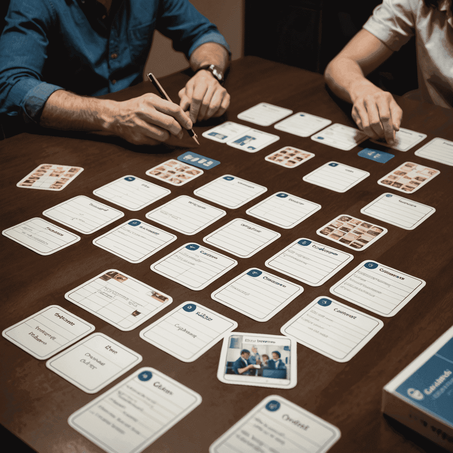 Une partie de Codenames en cours, avec des cartes mots disposées en grille et des joueurs réfléchissant intensément