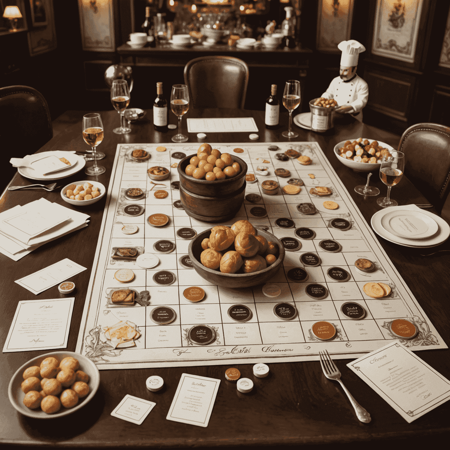 Un plateau de jeu représentant un restaurant parisien élégant avec des cartes de menu, des jetons en forme d'ingrédients et des figurines de chefs.