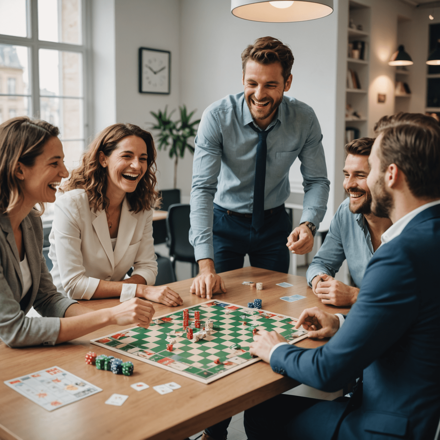 Image montrant un groupe de collègues dans un bureau français, riant et jouant à des jeux de société rapides pendant une pause. On voit des cartes, des dés et de petits plateaux de jeu sur une table de réunion.