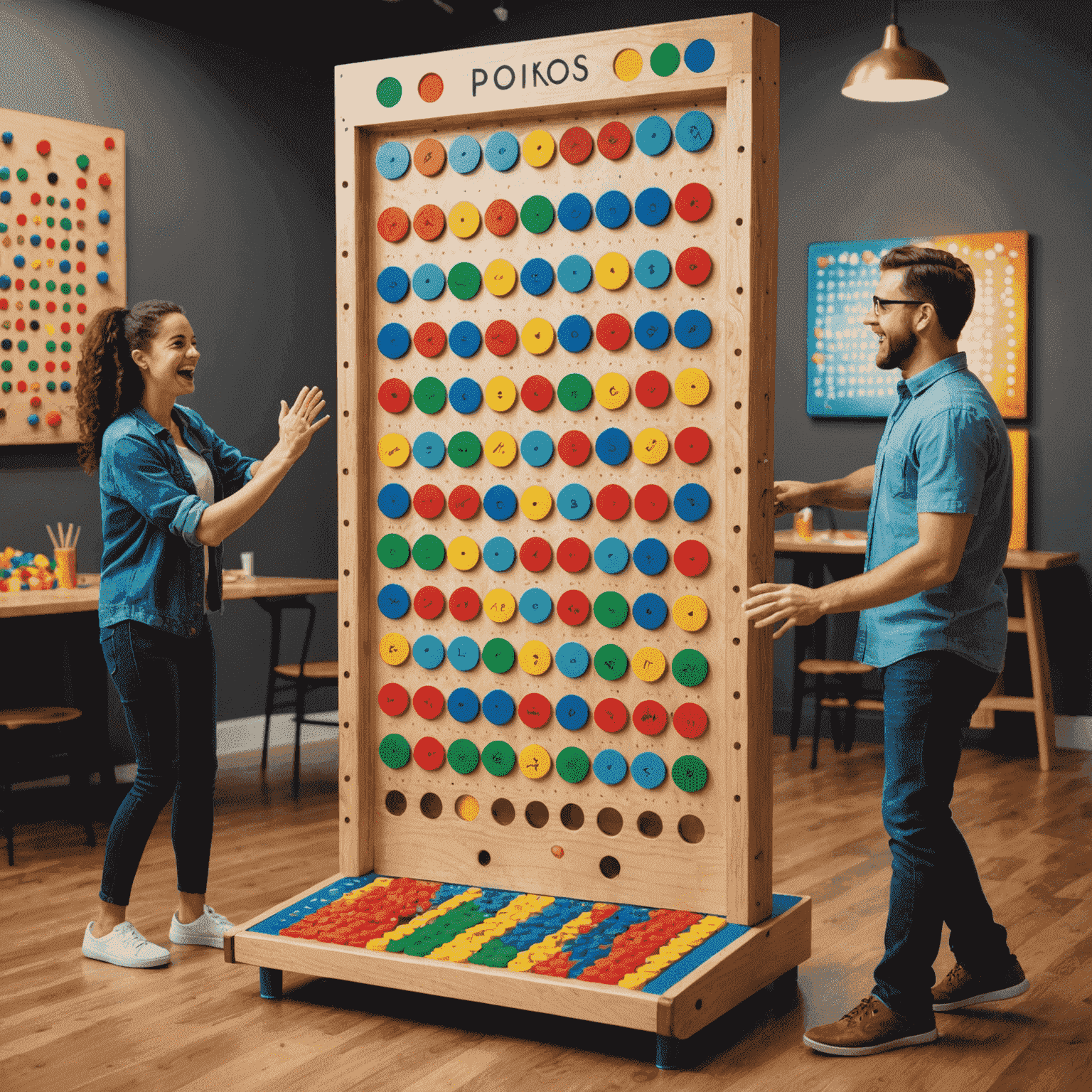 Un grand plateau de Plinko vertical avec des jetons colorés tombant à travers les chevilles, entouré de joueurs excités