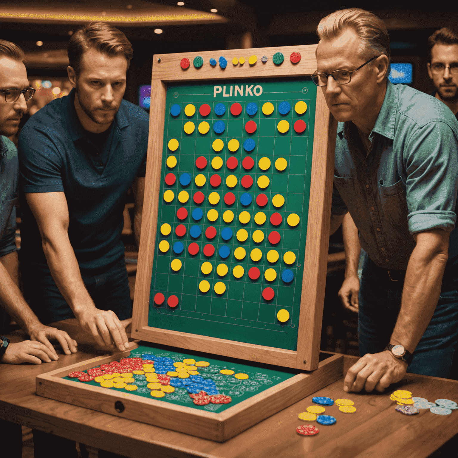 Un plateau de jeu Plinko modifié avec des éléments stratégiques supplémentaires, des jetons de pari colorés et des joueurs réfléchissant intensément à leur prochain coup