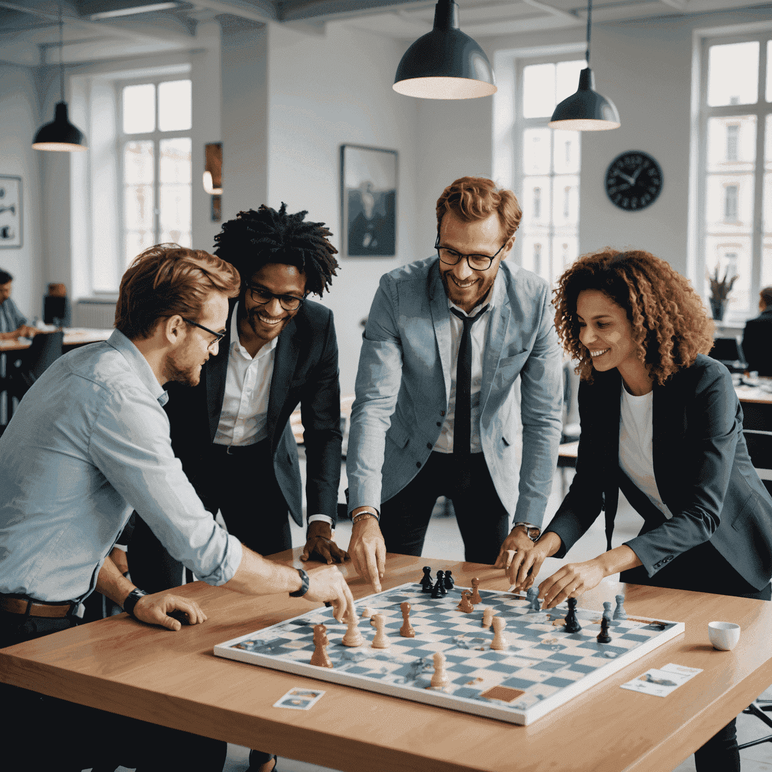 Image d'un groupe de collègues jouant à un jeu de société rapide dans un bureau français moderne et élégant