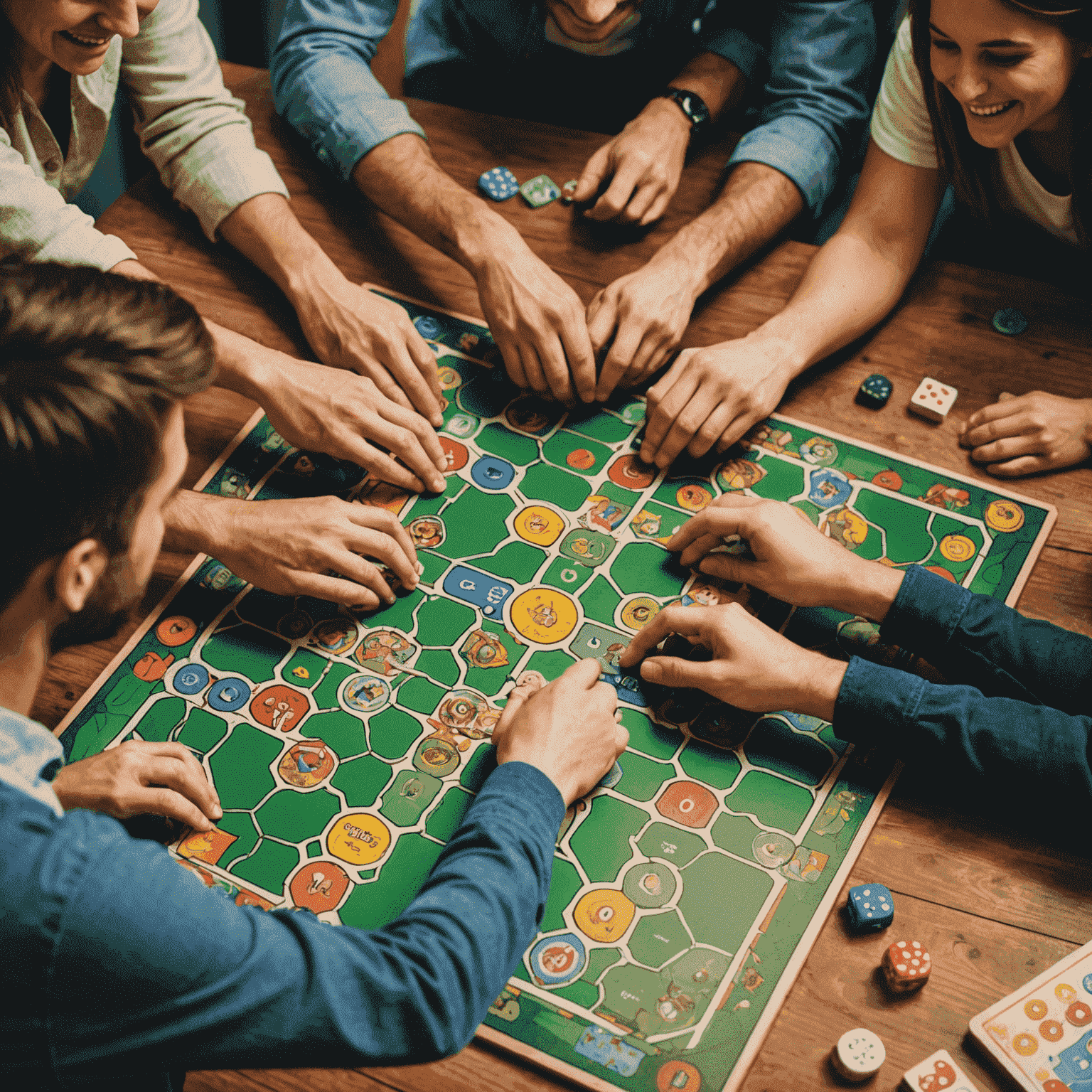 Image illustrant un groupe d'amis travaillant ensemble sur un jeu de société coopératif. On voit des mains jointes, des sourires et un plateau de jeu complexe qu'ils essaient de résoudre ensemble.