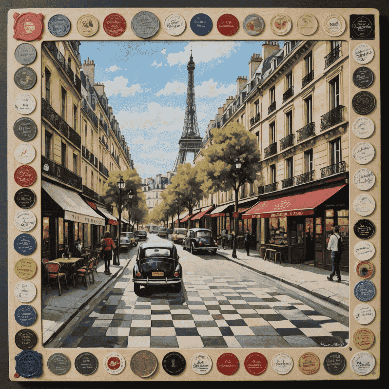 Un plateau de jeu représentant les rues de Paris avec des cartes d'artistes, des jetons de peinture et des mini-chevalets.