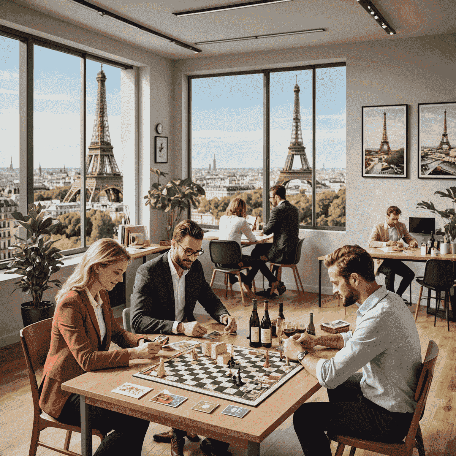 Image représentant des jeux de société à thème français avec des éléments iconiques comme la Tour Eiffel, des baguettes, du vin et des fromages. On voit des personnes jouant dans un cadre de bureau moderne avec des décorations françaises.