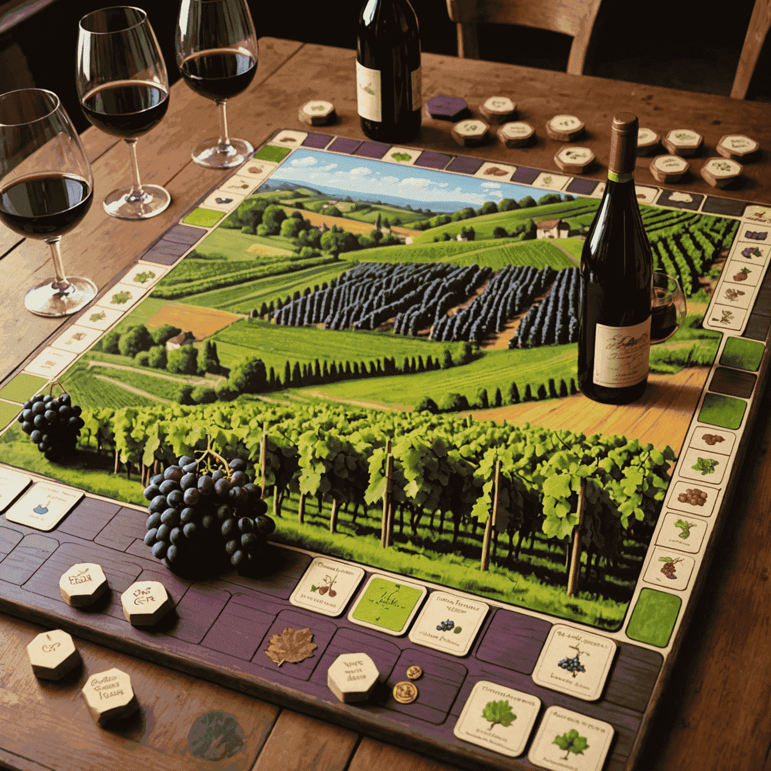 Un plateau de jeu représentant un vignoble français avec des cartes de cépages, des jetons de qualité et des meeples de vignerons.